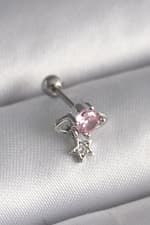 Çelik Gümüş Renk Pembe Zirkon Taşlı Sallantı Yıldız Detay Tragus Piercing - görsel 1