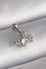 Çelik Gümüş Renk Pembe Mineli Kalp Zirkon Taş Detay Tragus Piercing - görsel 1
