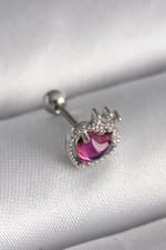 Çelik Gümüş Renk Pembe Mineli Kalp Zirkon Taş Detaylı Taç Tragus Piercing - görsel 1