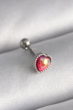 Çelik Gümüş Renk Kırmızı Mineli Kalp Tragus Piercing - görsel 1