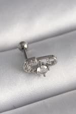Çelik Gümüş Renk Zirkon Taşlı Toplu İğne Tragus Piercing - görsel 1