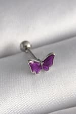 Çelik Gümüş Renk Mor Kelebek Model Tragus Piercing - görsel 1