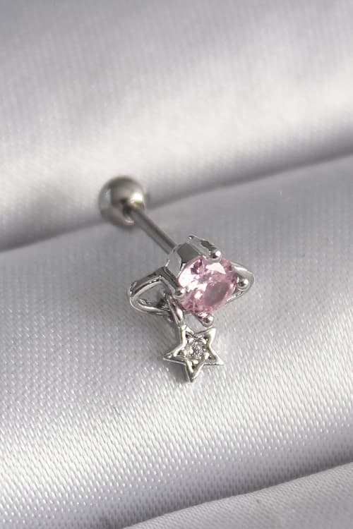 Çelik Gümüş Renk Pembe Zirkon Taşlı Sallantı Yıldız Detay Tragus Piercing