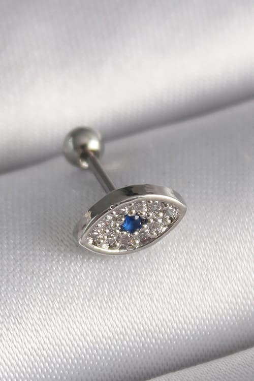 Çelik Gümüş Renk Zirkon Taşlı Göz Tragus Piercing