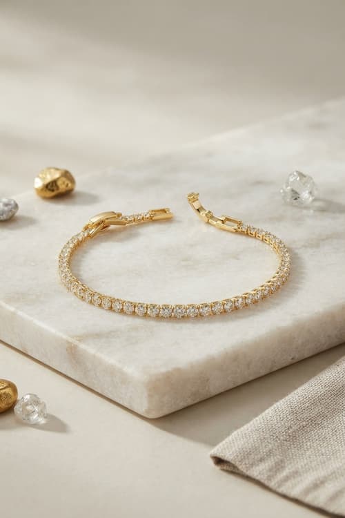 Çelik Gold Renk İnce Zirkon Taşlı Su Yolu Kadın Bileklik