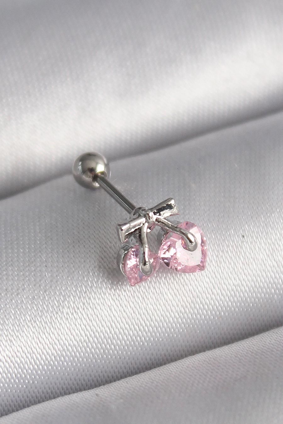 Çelik Gümüş Renk Pembe Zirkon Taşlı Kalp Tragus Piercing