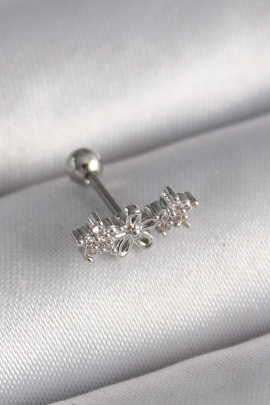 Çelik Gümüş Renk Zirkon Taşlı Çiçek Tragus Piercing