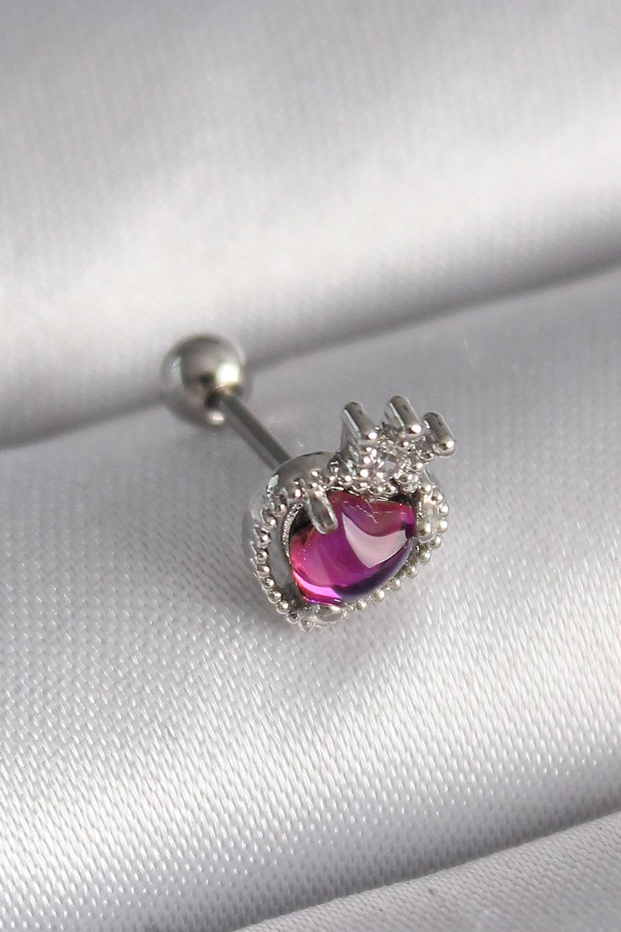 Çelik Gümüş Renk Pembe Mineli Kalp Zirkon Taş Detaylı Taç Tragus Piercing