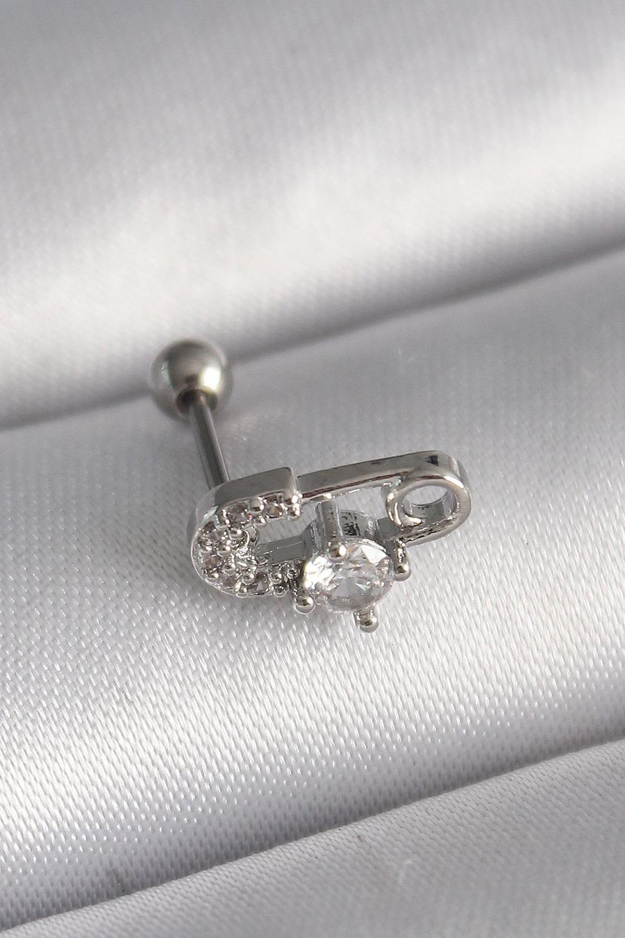 Çelik Gümüş Renk Zirkon Taşlı Toplu İğne Tragus Piercing