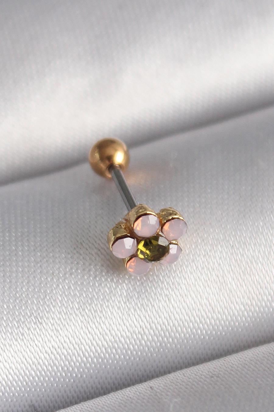 Çelik Gold Renk Zirkon Taşlı Çiçek Tragus Piercing