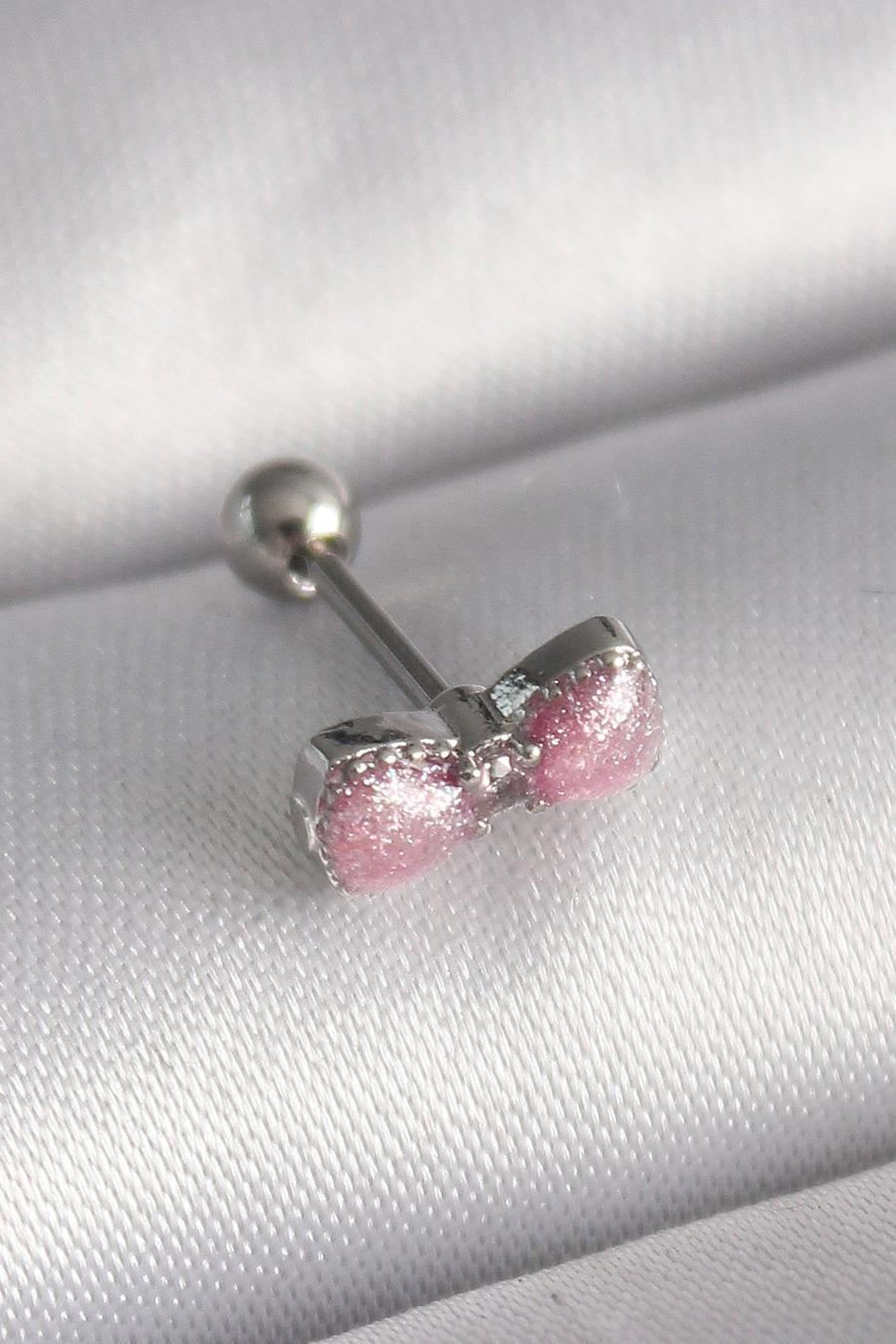 Çelik Gümüş Renk Pembe Kurdele Zirkon Taş Detay Tragus Piercing