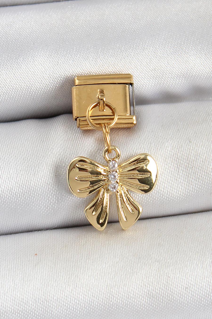 Çelik Sallantılı Zirkon Taşlı Fiyonk Model Gold Renk Nomination Charm